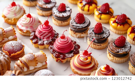 Collection of delicious pastries and cakes 123012742