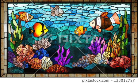 Stained Glass Panel With Ocean Themes Photorealisti 123012757