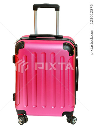 Pink trolley suitcase ready for vacation on white background Pink trolley suitcase ready for vacation on white background 123012876