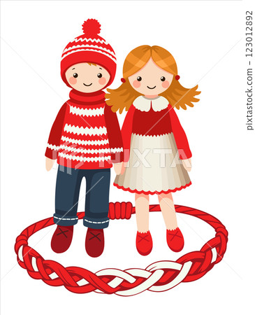 Martisor. Match 1. Martenitsa. Beginning of spring. Two cute knitted dolls surrounded with knitted red and white bracelet. Vector isolated illustration 123012892