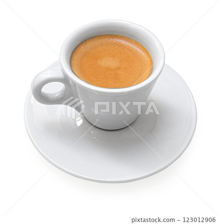 Perfect espresso coffee with crema in white cup and saucer on white background Perfect espresso coffee with crema in white cup and saucer on white background 123012906