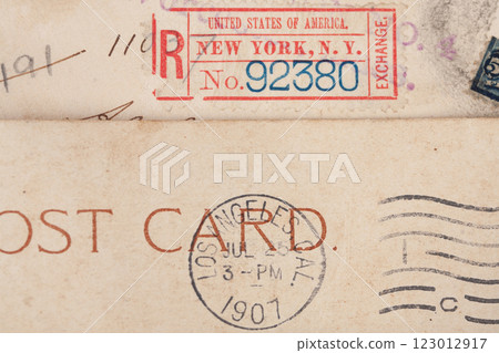 KYIV, UKRAINE, MAY 27, 2021. US Post postmark New York and Los Angeles, circa 1901 - 1907. 123012917