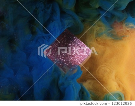 Acrylic paint spill. Ink soft blend. Bright yellow blue multicolor flow smoke texture sparkling glitter purple cube cloud on art shimmer light background. 123012926