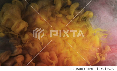 Cloud ink. Paint smoke splash. Yellow colorful fog sparkling glowing texture on abstract shimmering pink art light background. Cloud ink. Paint smoke splash. Yellow colorful fog sparkling glowing texture on abstract shimmering pink art light background. 123012929