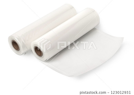 Rolls of vacuum sealer bags unrolling on white background 123012931