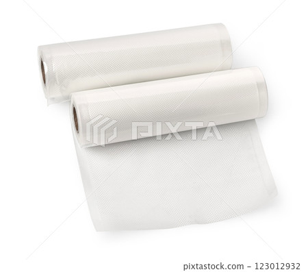 Rolls of vacuum sealer bags unrolling on white background 123012932
