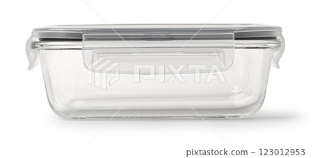Empty glass food container with lid and locking clips isolated on white background Empty glass food container with lid and locking clips isolated on white background 123012953