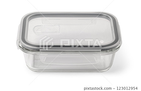 Empty glass food container with plastic lid on white background 123012954