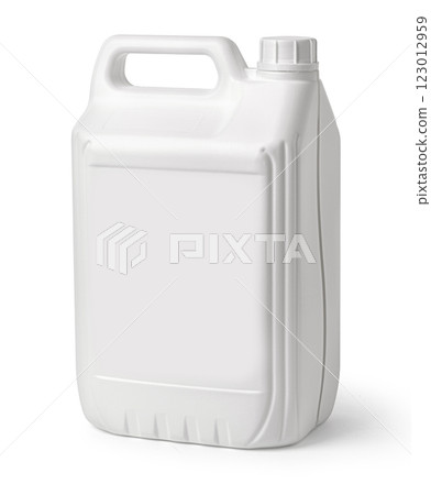 White plastic jerrycan container with blank label for detergent or chemicals White plastic jerrycan container with blank label for detergent or chemicals 123012959