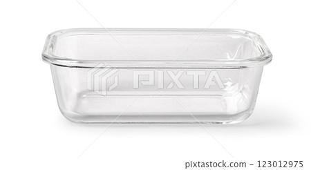 Empty rectangular glass food container with lid, isolated on white background 123012975