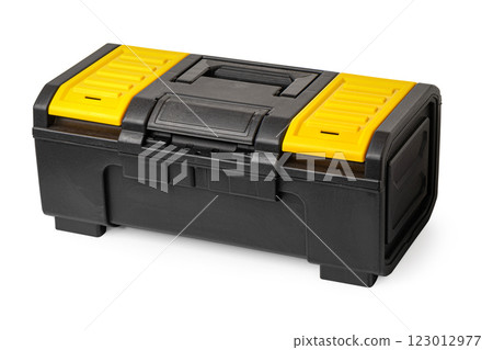 Black and yellow plastic toolbox isolated on white background Black and yellow plastic toolbox isolated on white background 123012977