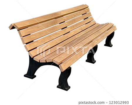 Modern wooden bench isolated on white background, showing slatted seat and metal frame 123012993