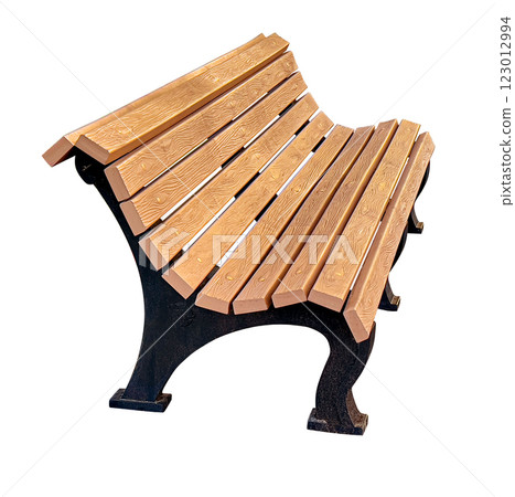Modern wooden bench isolated on white background, showing slatted seat and metal frame 123012994