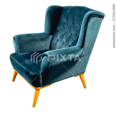 Teal blue velvet upholstered armchair with wooden legs on white background 123012995