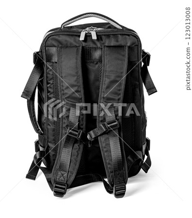 Black backpack standing upright, showing padded shoulder straps and zipper closure Black backpack standing upright, showing padded shoulder straps and zipper closure 123013008