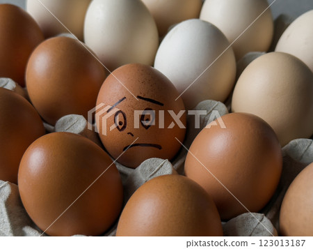Sad smile drawn on egg 123013187