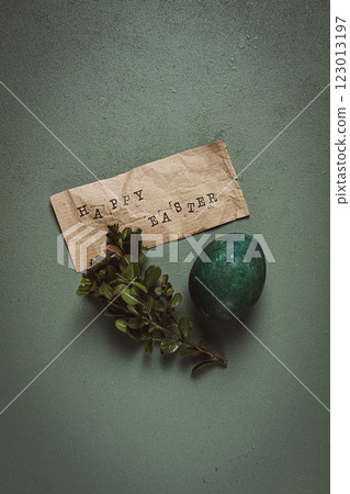easter card, green egg, boxwood branch, typewritten text , happy easter, easter card, green egg, boxwood branch, typewritten text , happy easter, 123013197