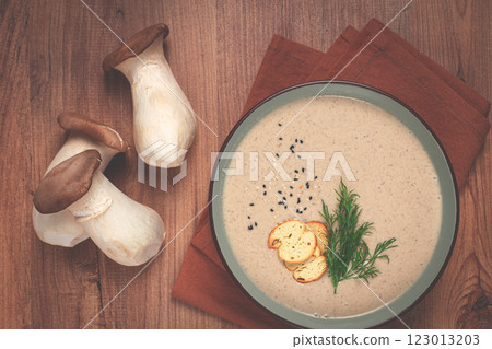 mushroom cream soup, with dill and bruschetta, mushroom eringi, mushroom cream soup, with dill and bruschetta, mushroom eringi, 123013203