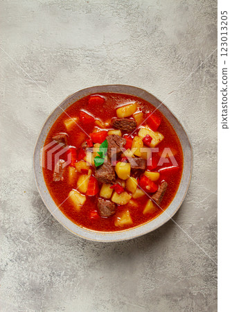 meat goulash, with potatoes and carrots, sweet pepper, traditional Hungarian soup, homemade, no people, meat goulash, with potatoes and carrots, sweet pepper, traditional Hungarian soup, homemade, no people, 123013205