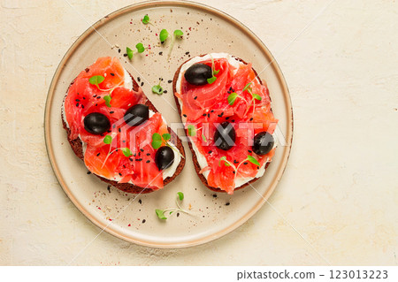 sandwiches with red fish, cream cheese, olives and microgreens, breakfast, 123013223