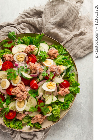 Tuna salad, vegetable salad with quail eggs, lettuce, red onion and cucumbers, on a light gray table, keto food, lifestyle, healthy eating, selective focus, top view, no people, 123013226