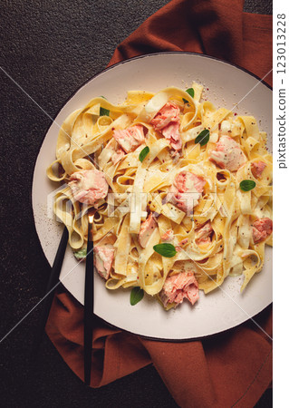 tagliatelle pasta, in cream sauce with salmon, homemade, no people, tagliatelle pasta, in cream sauce with salmon, homemade, no people, 123013228