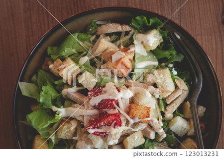 classic Caesar salad, close-up, natural light, selective focus, horizontal, classic Caesar salad, close-up, natural light, selective focus, horizontal, 123013231