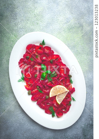 Salmon gravlax with beetroot, Scandinavian snack, beet gravlax, lightly salted fish, homemade, no people, 123013238