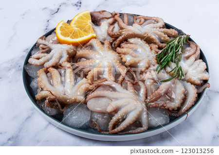 Fresh baby octopuses on ice, garnished with lemon and rosemary, on a marble table, no people, 123013256