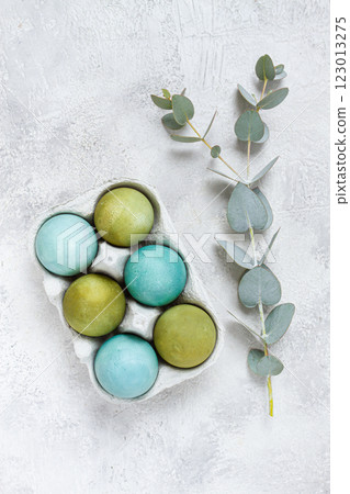 Easter colored eggs, in green and turquoise tones, with eucalyptus leaves, Easter card, top view, no people, 123013275