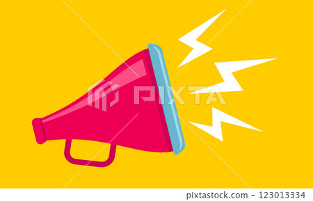 Vector icon of vintage megaphone for fake, breaking news or sale. Vector retro red megaphone with lightning on yellow background. 123013334