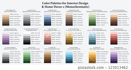 18 Color Palettes Collection 2 for Interior Design and Home Decor, 6 Colors Set, Color Schemes with Hex Codes and Names, Color Swatches and Combinations, Vector Illustration 123013462