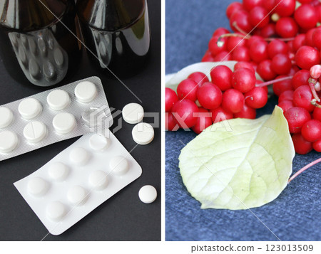 Natural vitamins and medicine tablets. Dilemma. Berries of red ripe schisandra or medicinal preparations 123013509