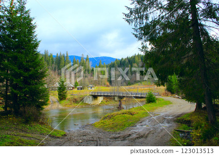 Mountain rural landscape with houses by a river and forest bridge. Village in wood Mountain rural landscape with houses by a river and forest bridge. Village in wood 123013513