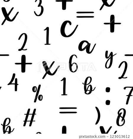 Seamless pattern with beautiful numbers. Algebra and geometry, calculations Seamless pattern with beautiful numbers. Algebra and geometry, calculations 123013612
