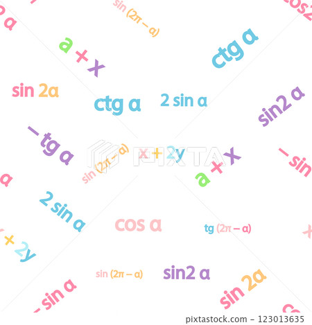 Seamless pattern with mathematical formulas and numbers. Algebra and geometry, calculations tangent, cotangent, sine, cosine, x 123013635
