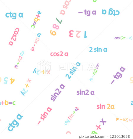 Seamless pattern with mathematical formulas and numbers. Algebra and geometry, calculations tangent, cotangent, sine, cosine, x Seamless pattern with mathematical formulas and numbers. Algebra and geometry, calculations tangent, cotangent, sine, cosine, x 123013638