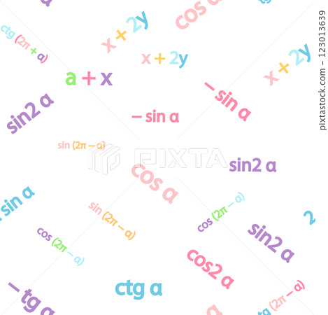Seamless pattern with mathematical formulas and numbers. Algebra and geometry, calculations tangent, cotangent, sine, cosine, x 123013639