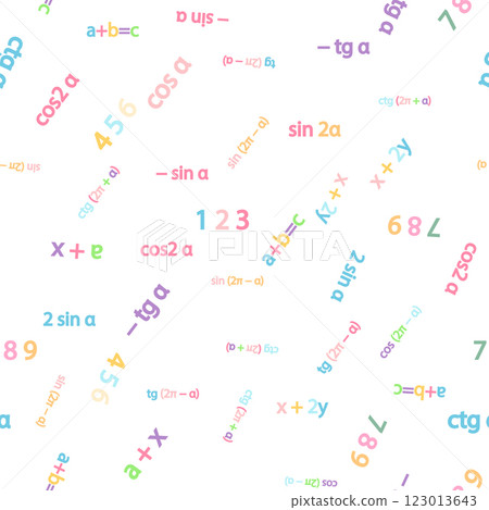 Seamless pattern with mathematical formulas and numbers. Algebra and geometry, calculations tangent, cotangent, sine, cosine, x Seamless pattern with mathematical formulas and numbers. Algebra and geometry, calculations tangent, cotangent, sine, cosine, x 123013643