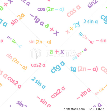 Seamless pattern with mathematical formulas and numbers. Algebra and geometry, calculations tangent, cotangent, sine, cosine, x 123013644
