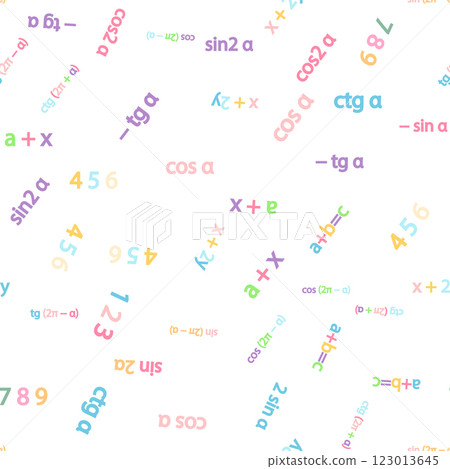 Seamless pattern with mathematical formulas and numbers. Algebra and geometry, calculations tangent, cotangent, sine, cosine, x 123013645