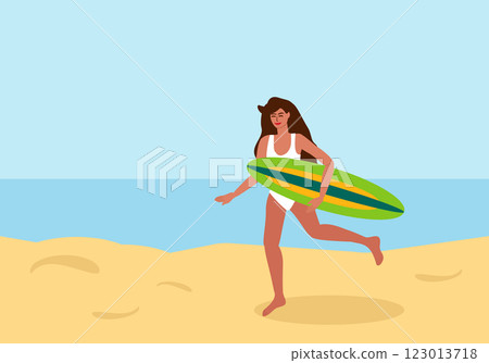 Young tanned woman in swimsuit running on beach with surfboard Young tanned woman in swimsuit running on beach with surfboard 123013718