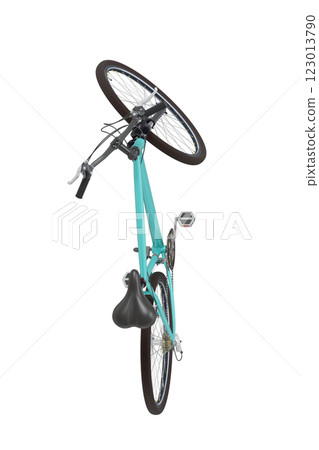 Blue green bicycle standing while leaning on kickstand, top view. Bike resting on kick stand. Png clipart isolated on transparent background 123013790