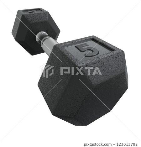 Hex Dumbbell with number 5, weightlifting gym equipment side view. Png clipart isolated on transparent background 123013792