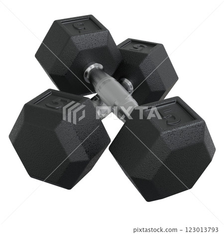 Hex Dumbbells with number 5, weightlifting gym equipment side view. Png clipart isolated on transparent background 123013793