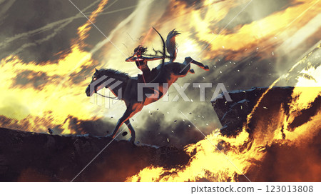 Archer on Horseback Amidst Fiery Battlefield Archer on Horseback Amidst Fiery Battlefield 123013808