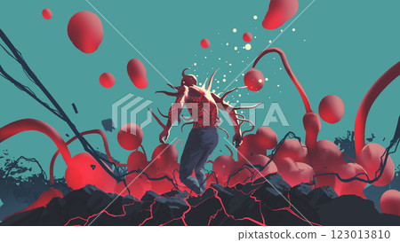 Glowing Human in Surreal Red Energy Field Glowing Human in Surreal Red Energy Field 123013810