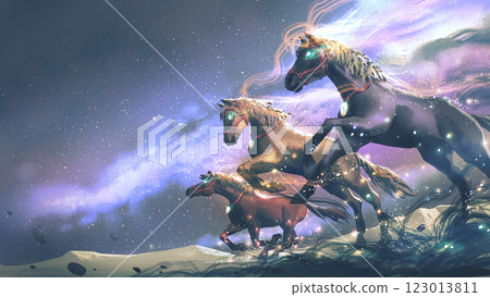 Three Glowing Fantasy Horses Galloping Through Stars Three Glowing Fantasy Horses Galloping Through Stars 123013811