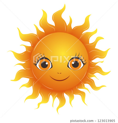 Cute smiling sun with big eyes and wavy rays isolated on a transparent background. Summer element. Vector illustration 123013905