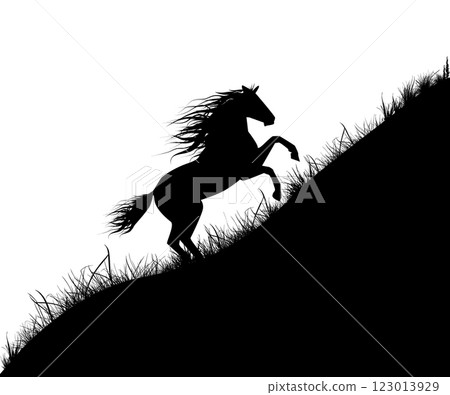 The horse gallops up the hill. Silhouette of a horse moving up a slope. hand drawing. Not AI, Vector illustration 123013929